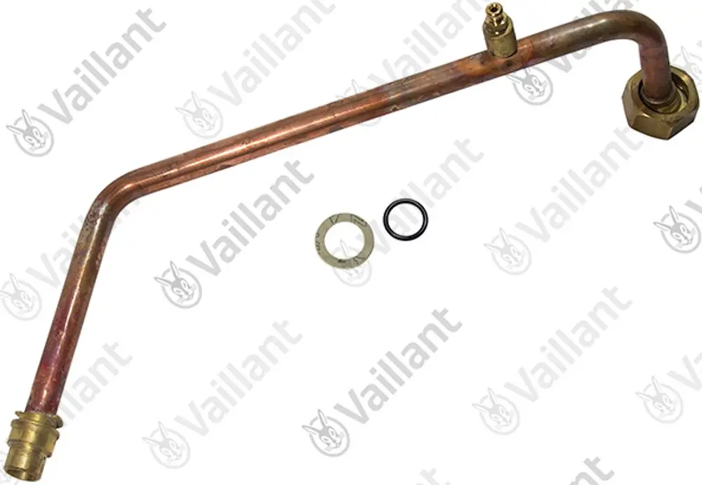 Kupferrohr von Vaillant mit gebogenem Design, zur Installation in Heizungsanlagen, begleitet von Dichtungen und Fittings.